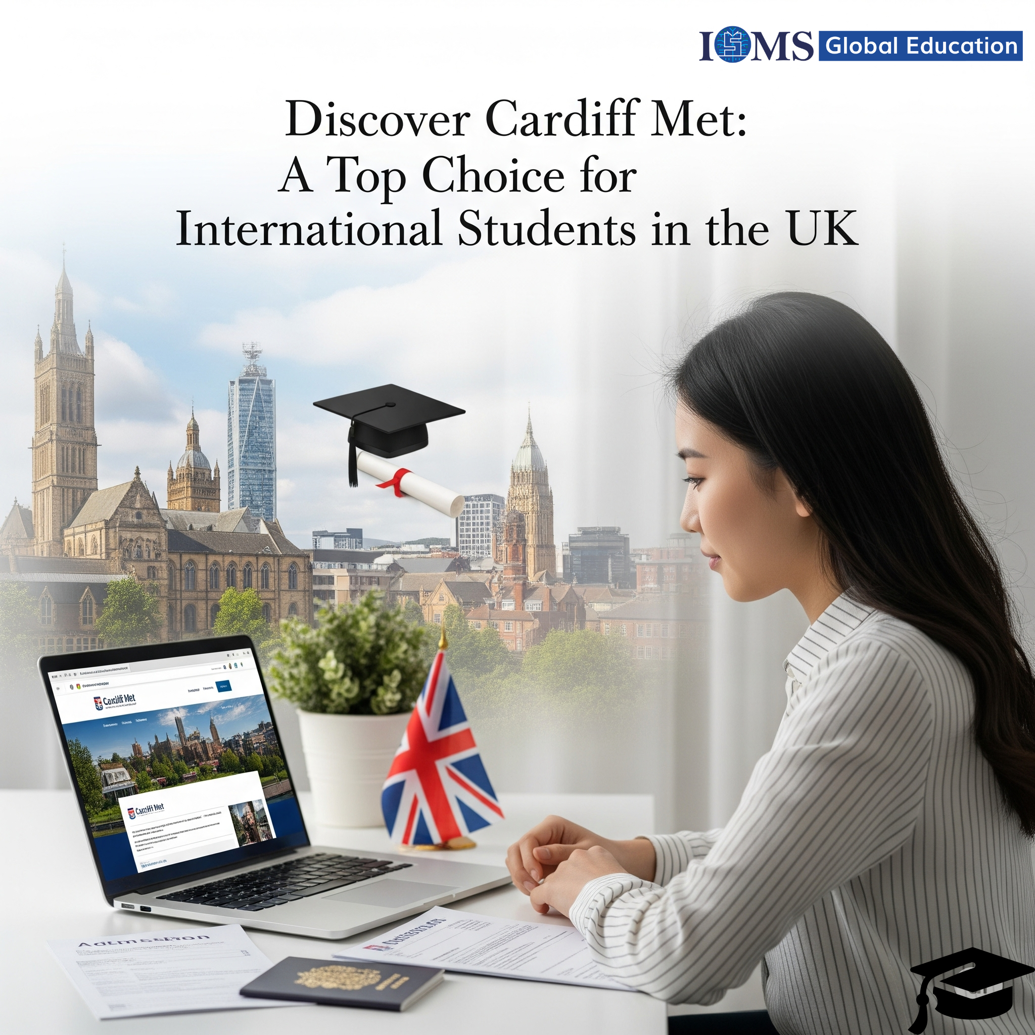 An international student sit confidently with laptop holding study materials and smiling—reflecting the welcoming, career-focused environment Cardiff Met offers to students from around the world.