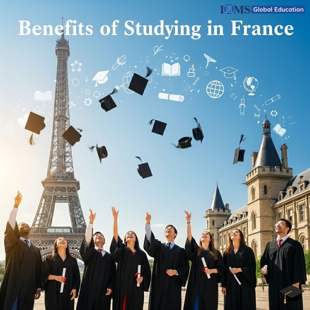 A group of diverse students in black gown and celebrating graduation day and fly graduation cap in the air. Above them, various academic and travel-related icons are shown as if floating, such as books, a globe. The top of the image is the logo of ISMS Global Education