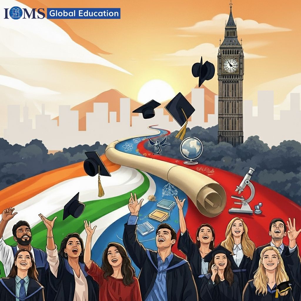 A vibrant illustration showing a diverse group of students in graduation gowns celebrating, throwing their caps in the air. symbolizing a successful academic journey between the two countries.