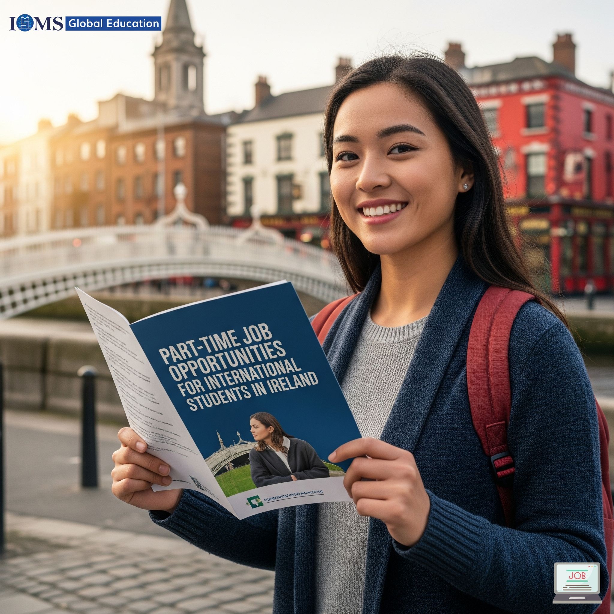A smiling international student holds a book titled 
