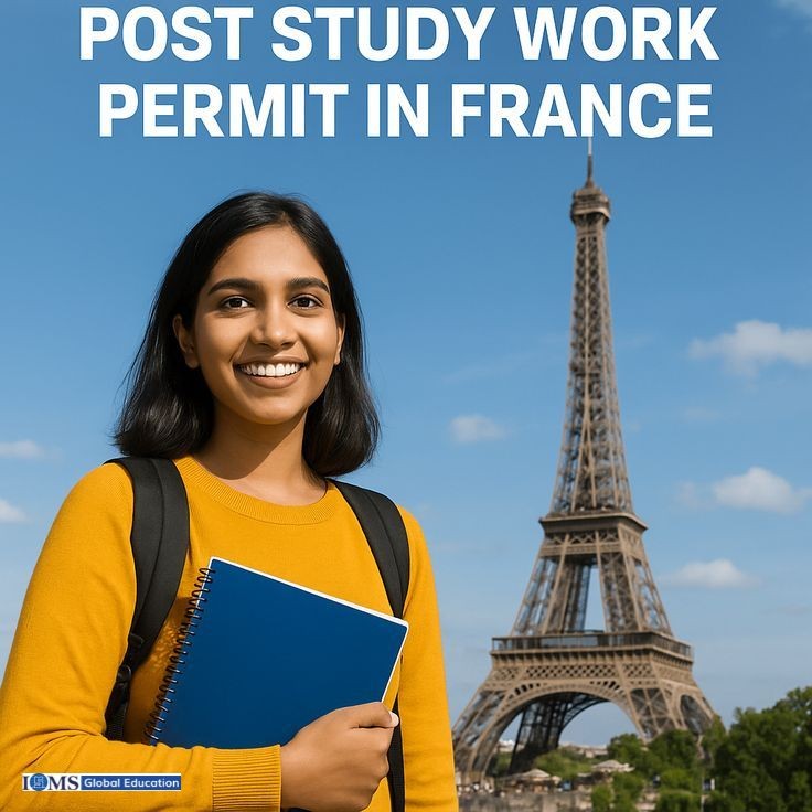 A smiling girl student holding a blue notebook stands in front of the Eiffel Tower in Paris. The text at the top reads 