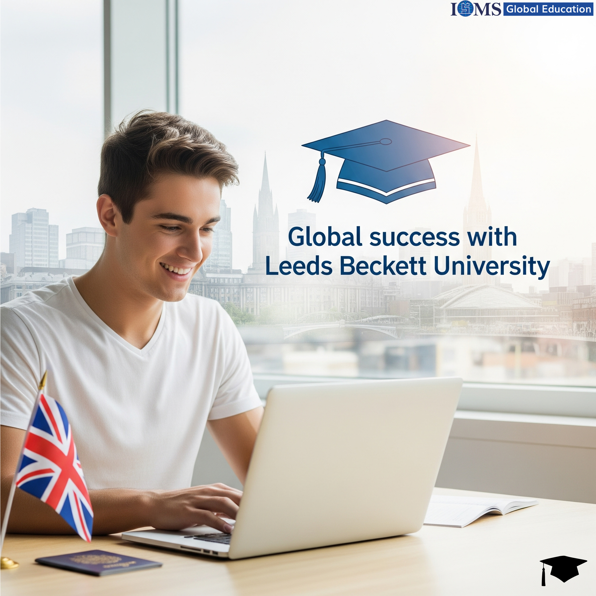 International student sitting confidently in front of laptop, uk flag on the desk  and smiling face