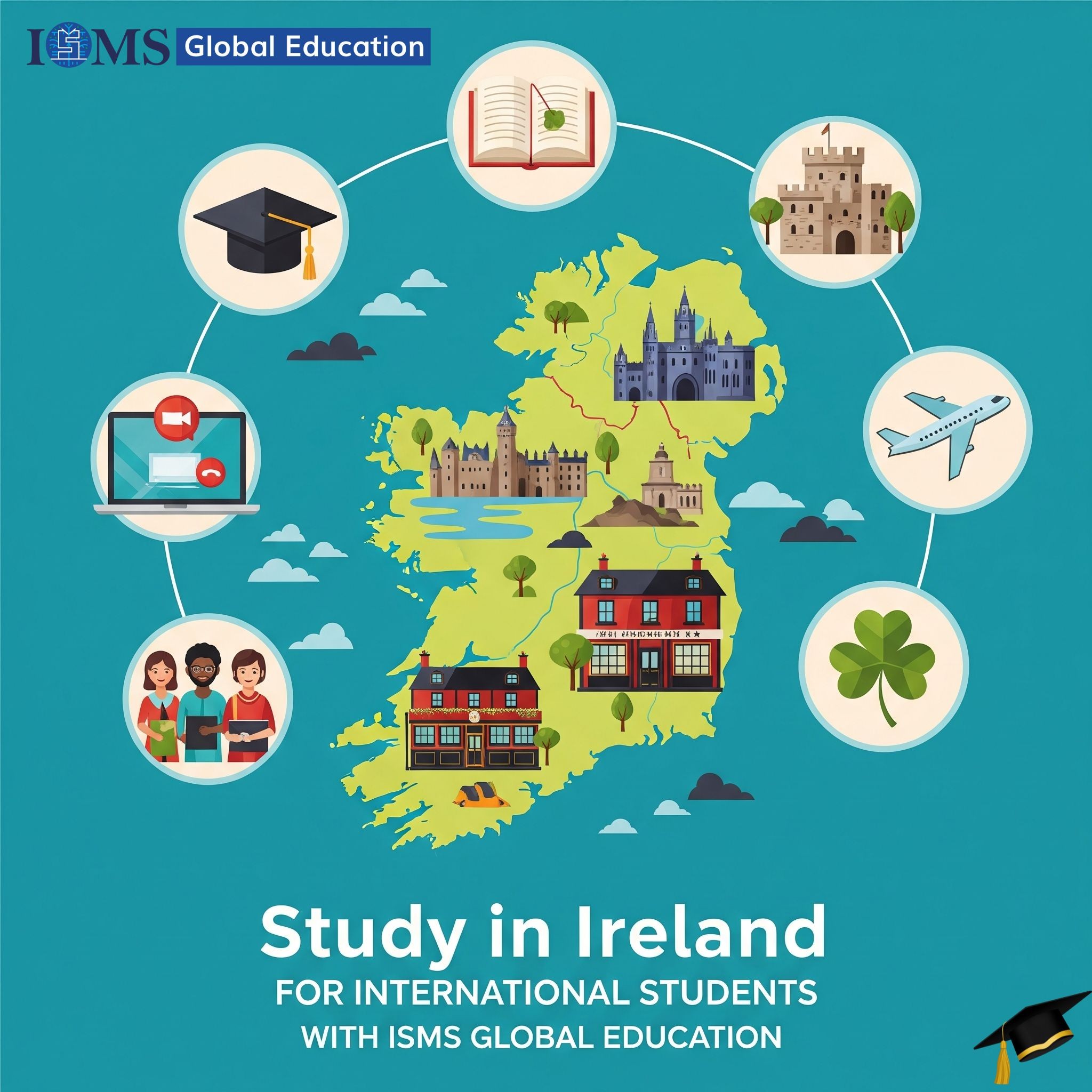 A background shows a map of Ireland at its center, surrounded by circular icons representing aspects of studying in Ireland. These icons include a graduation cap, a laptop, three students, an open book, an Aeroplane. The text at the bottom reads 