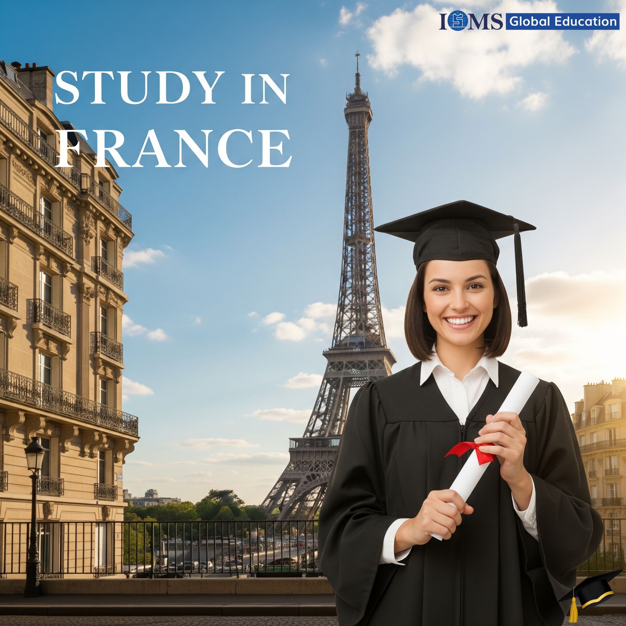 A joyful female graduate in a cap and gown stands in front of the Eiffel Tower, holding a rolled degree. The text 