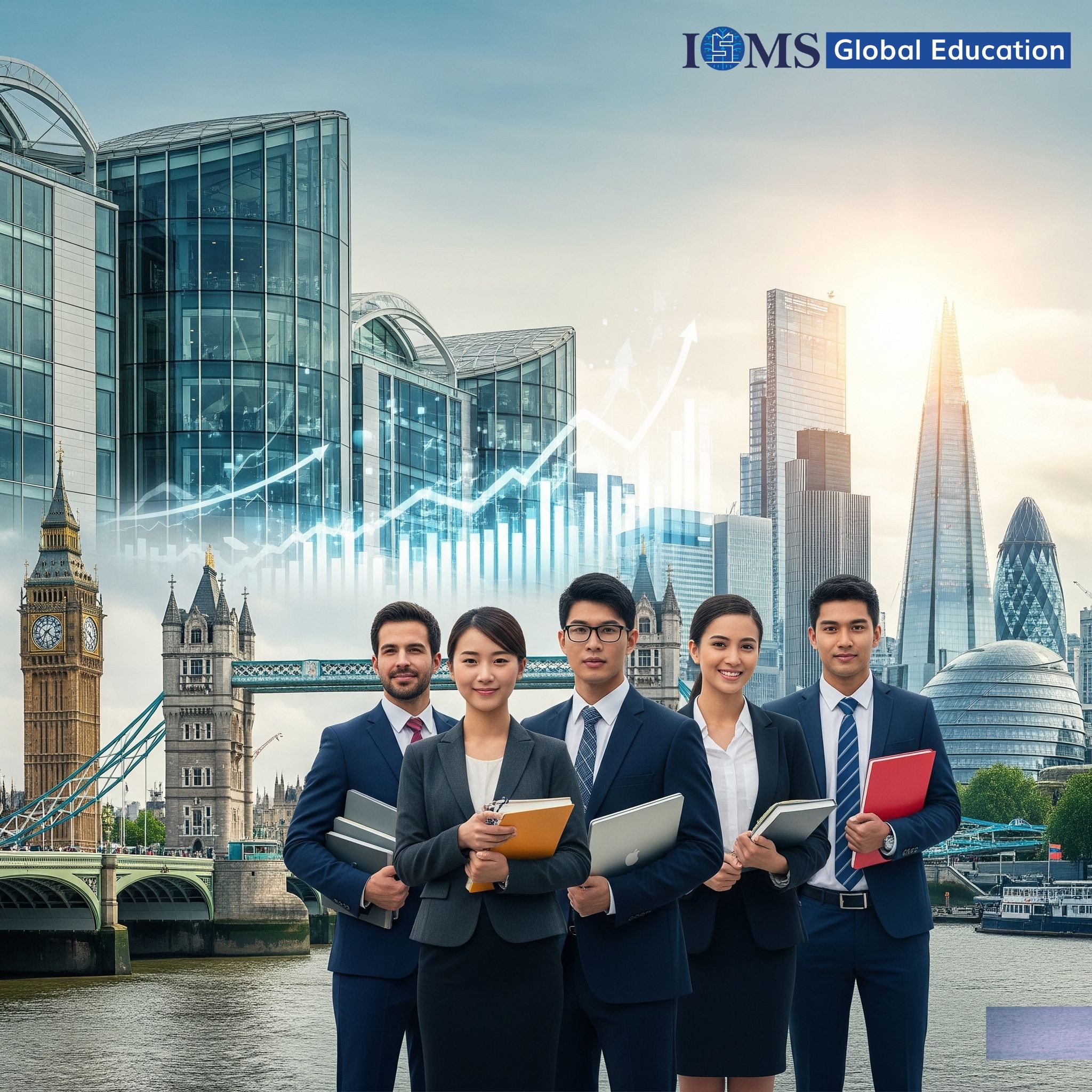 A diverse group of four MBA students in professional attire stands confidently in front of a composite image of the London skyline. The background features iconic UK landmarks like Big Ben and Tower Bridge, with digital business growth charts overlaid to symbolize academic and professional success.