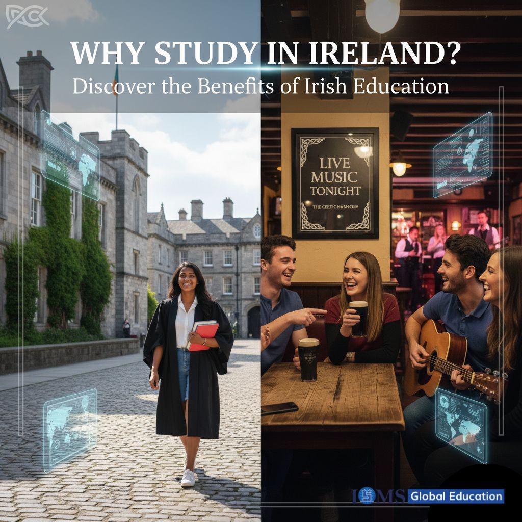 Four happy international students (two men and two women) are seated casually on a lush green lawn, holding scrolls that look like diplomas, in front of a majestic, classic university building reminiscent of an Irish campus like Trinity College Dublin, under a bright, sunny sky.  The title 