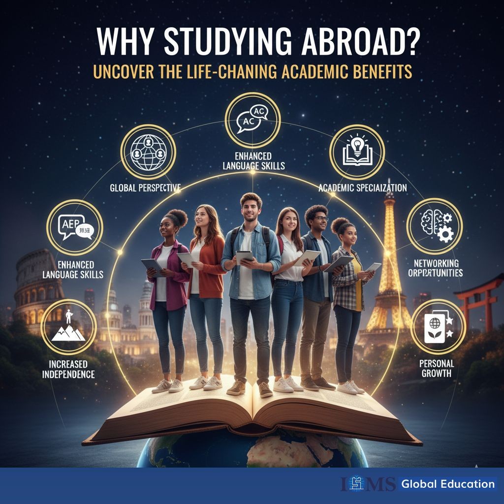 A diverse group of students stands on a stack of books, which rests on a globe, with global landmarks (like the Colosseum and Big Ben) visible in the background. Beams of light connect the core image to seven circular icons listing key benefits: Global Perspective, Academic Specialization & Unique Courses, Increased Independence & Self-Confidence, Improved Critical Thinking & Problem-Solving, Enhanced Language Skills, Resume Enhancement, and Personal Growth. The central text reads: 